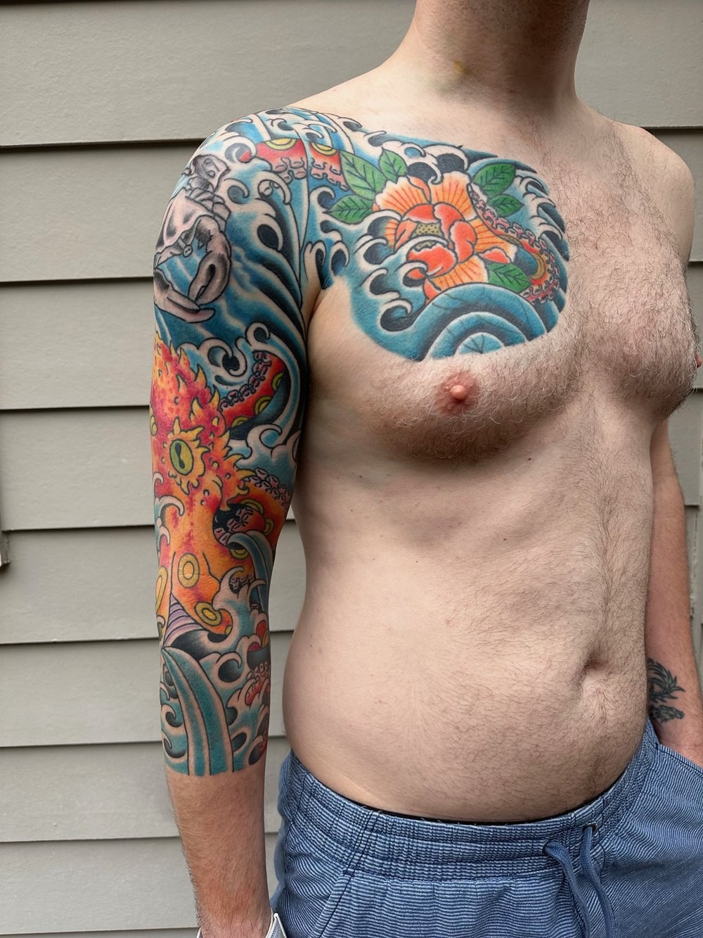 Japanese chest & sleeve — tattoo by Scott Denhalter