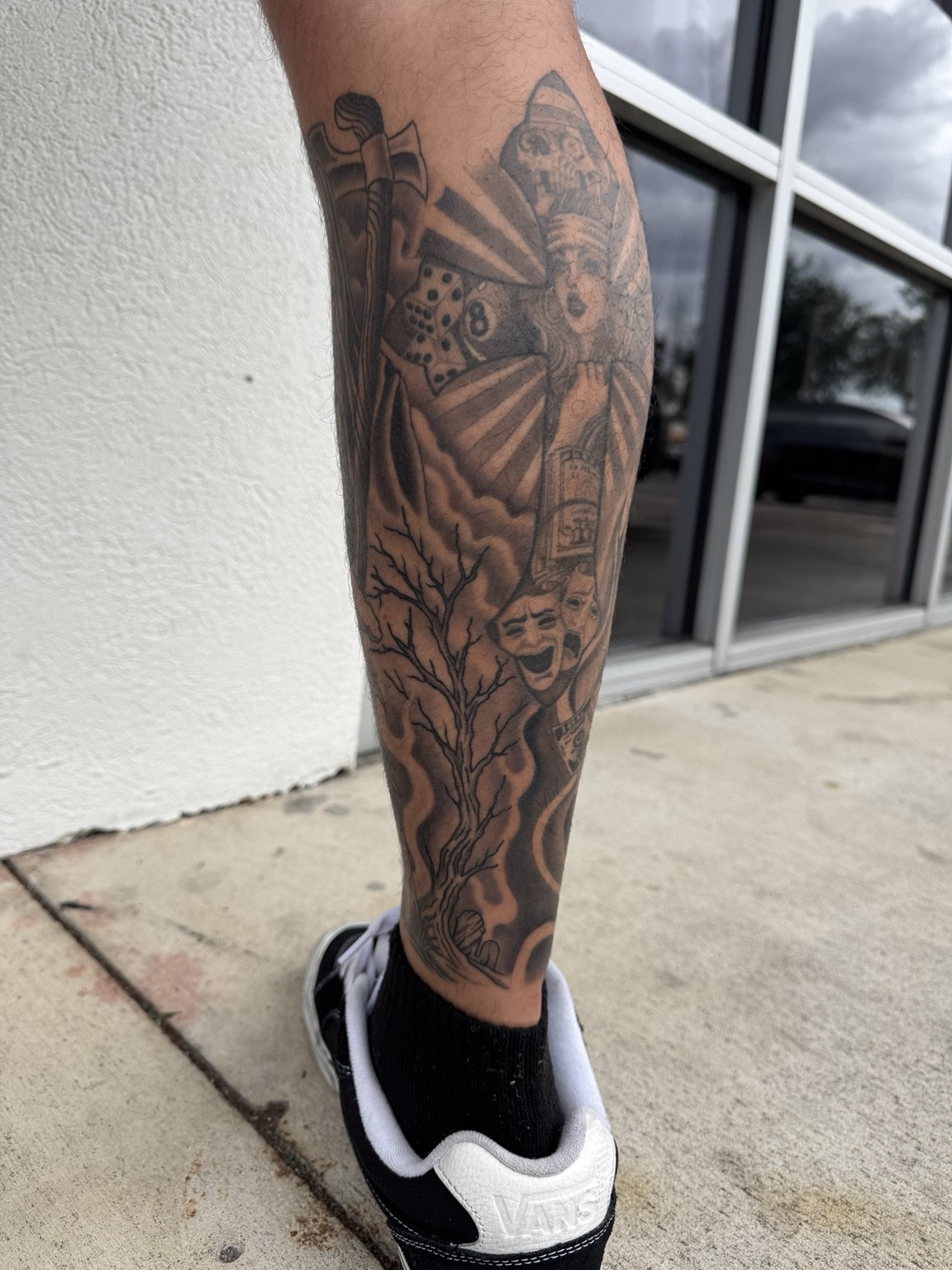 Completed black & grey tattoo, view 1 — tattoo by Scott Denhalter