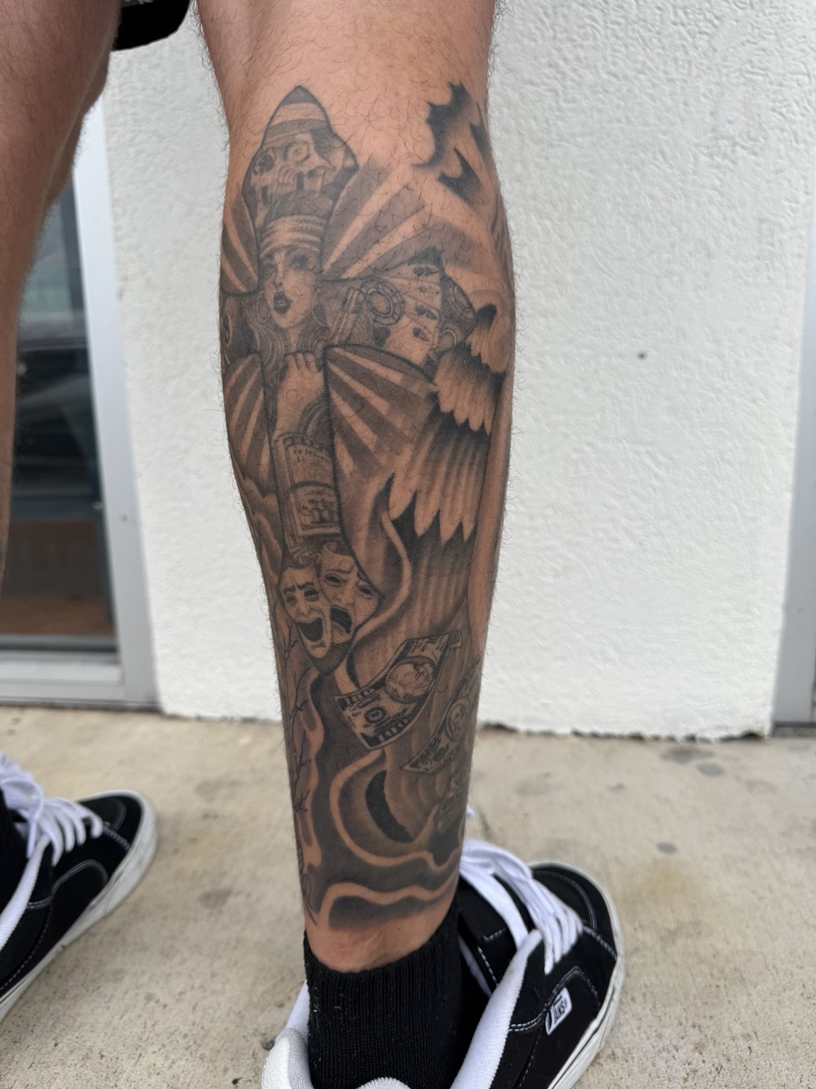 Completed black & grey tattoo, view 3 — tattoo by Scott Denhalter