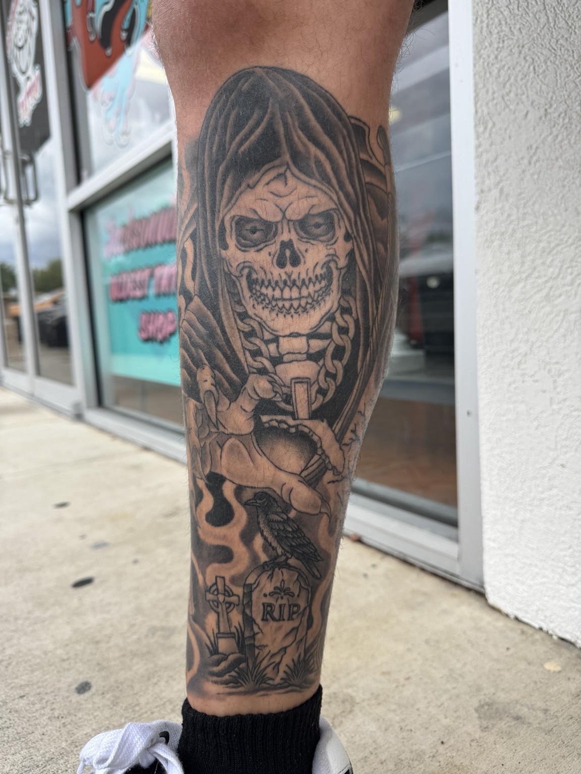 Completed black & grey tattoo, view 6 — tattoo by Scott Denhalter