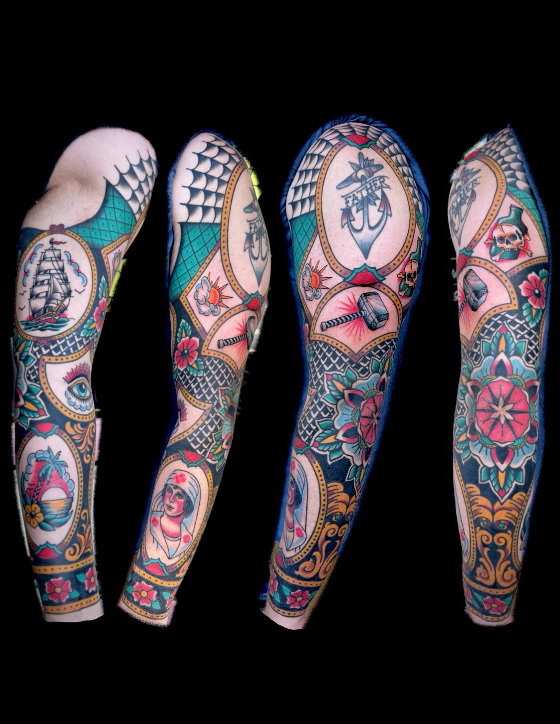 Completed color tattoo, multiple views — tattoo by Scott Denhalter