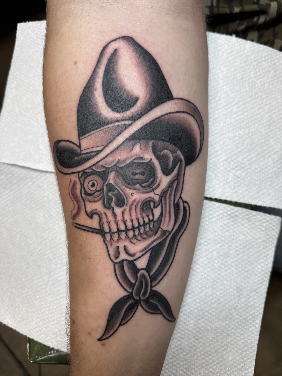 Cowboy skull — tattoo by Scott Denhalter