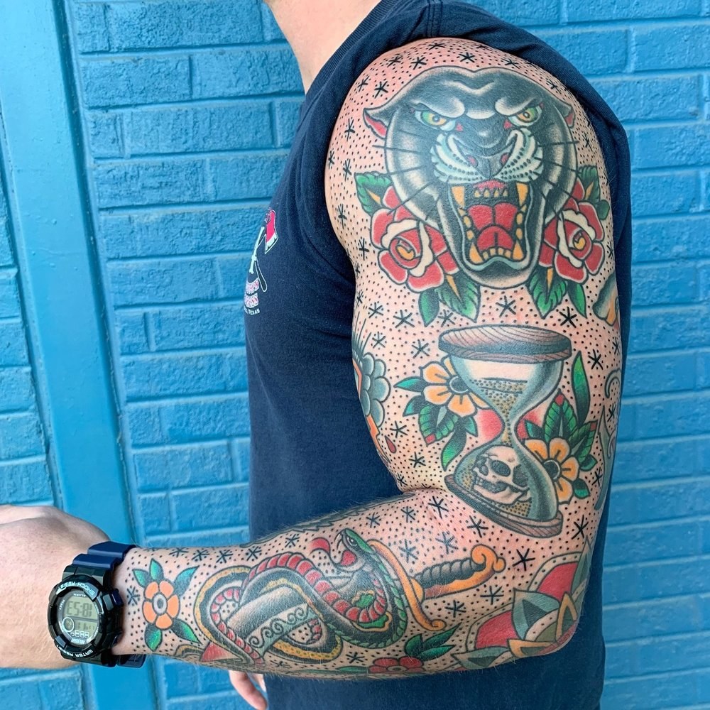 American traditional sleeve by Scott Denhalter